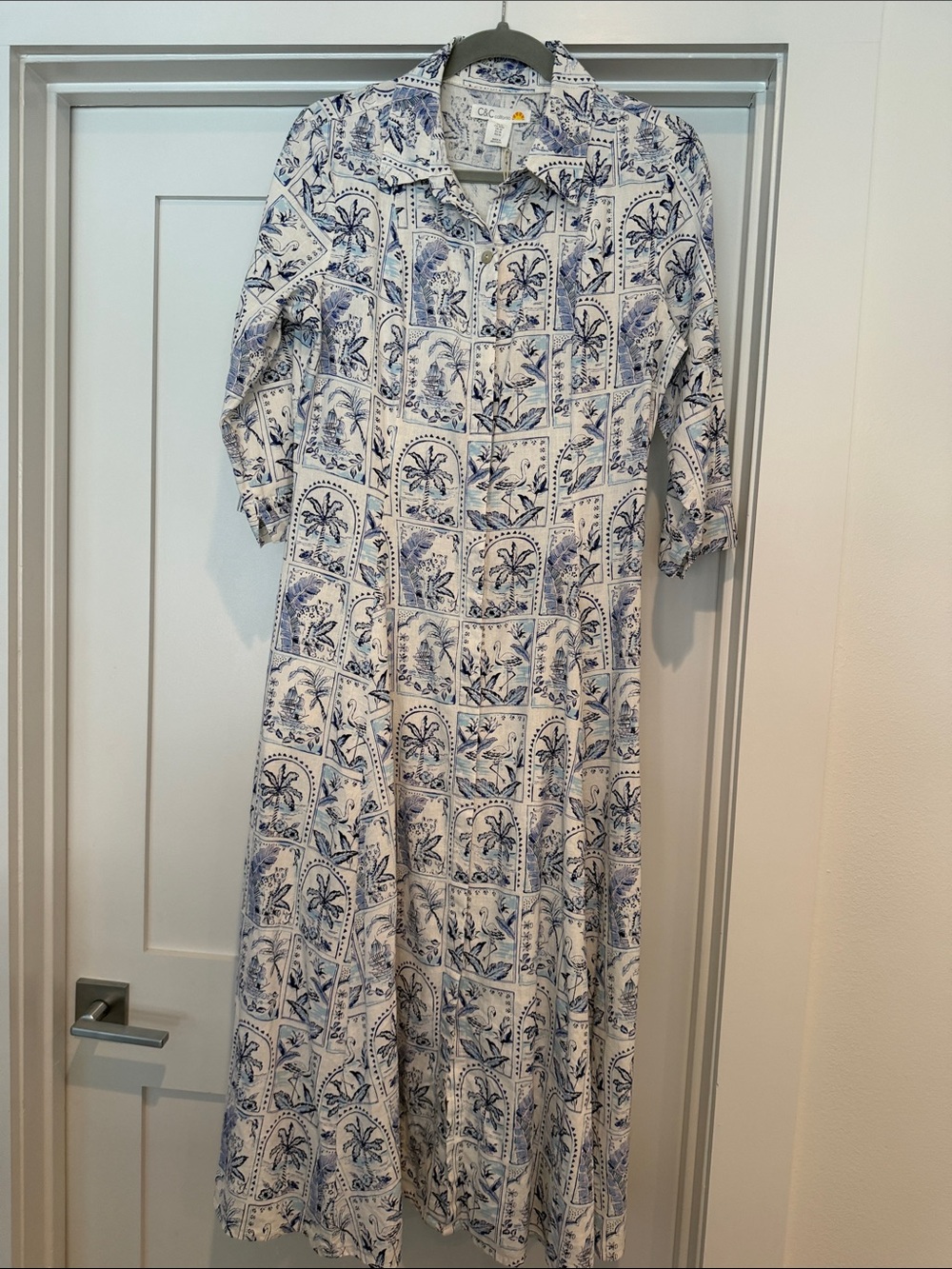 C&C California Blue and White Printed Maxi Shirt Dress